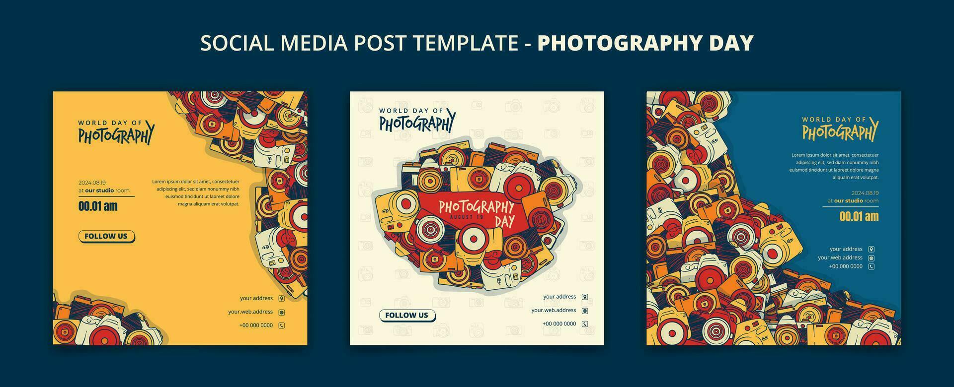 Doodle art of camera in social media post template for world photography day campaign design vector