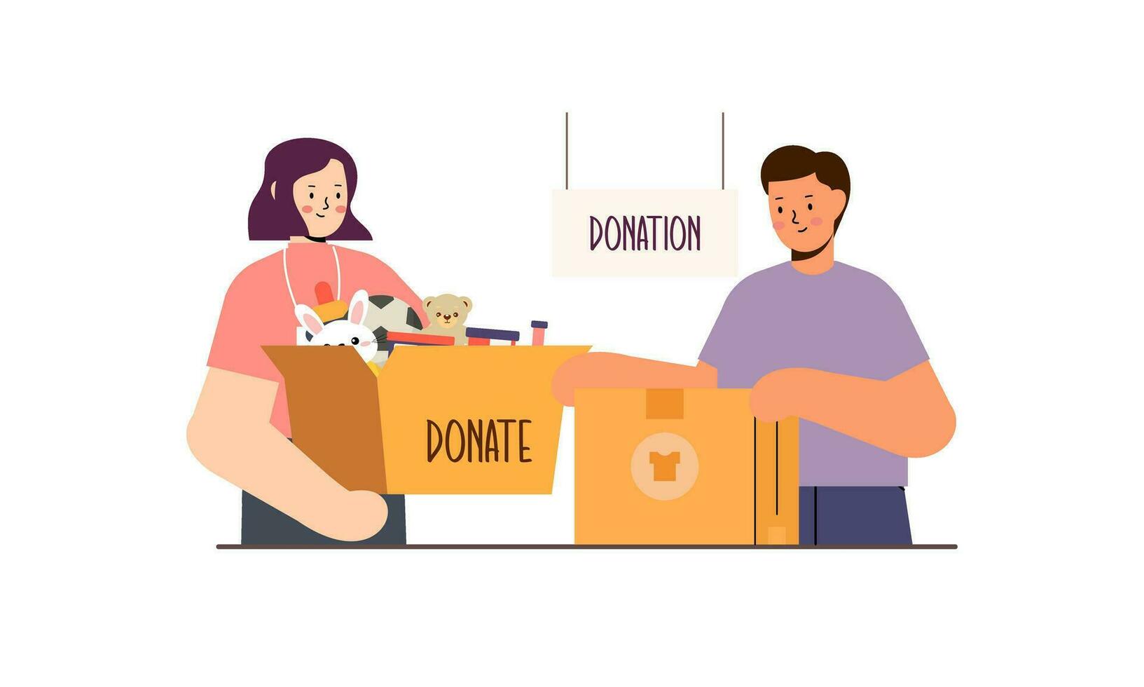 Donation and charity concept sorting donated toys into boxes for poor children illustration vector