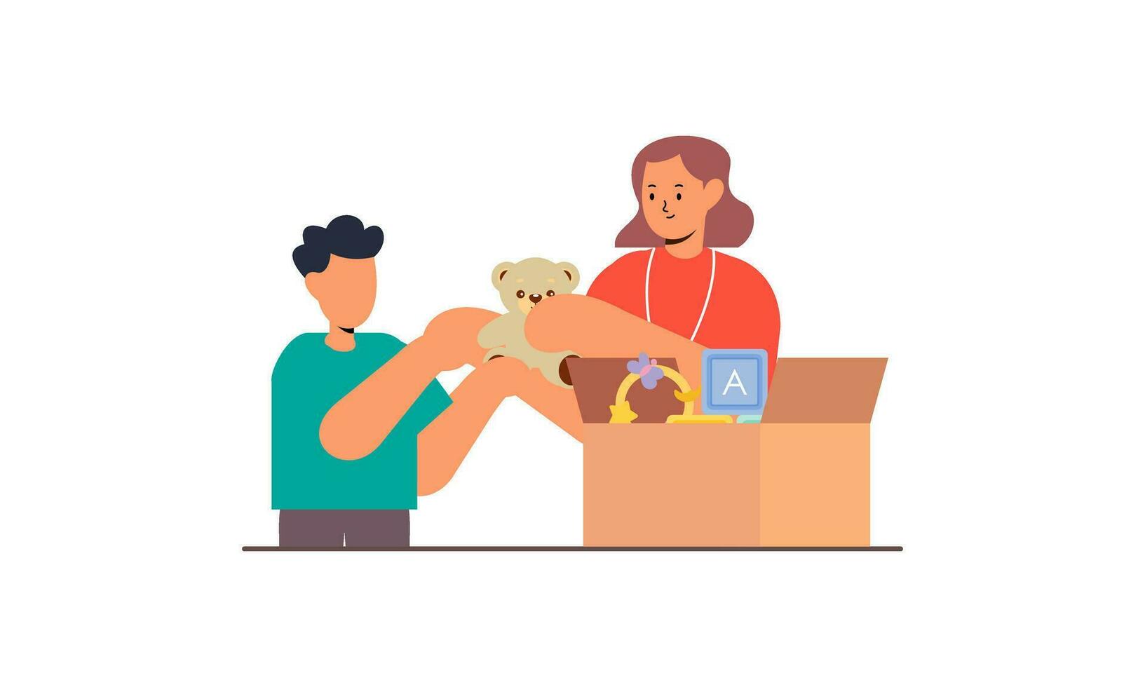 Donation and charity concept sorting donated toys into boxes for poor children illustration vector