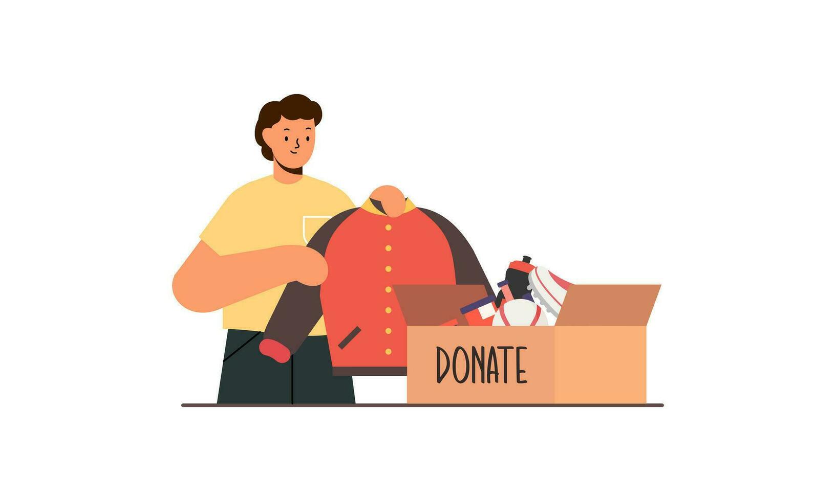 Donation and charity concept sorting donated toys into boxes for poor children illustration vector