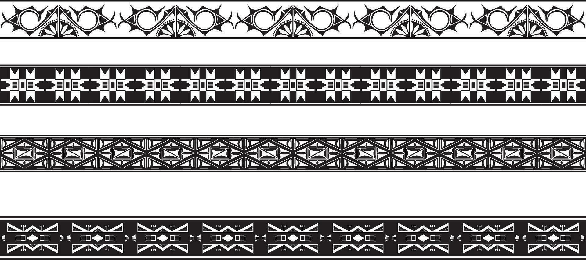 Vector monochrome set of seamless indian national native american borders. Endless ethnic ornaments of the peoples of America, Aztec, Maya, Inca, Peru, Brazil, Mexico, Honduras, Guatemala