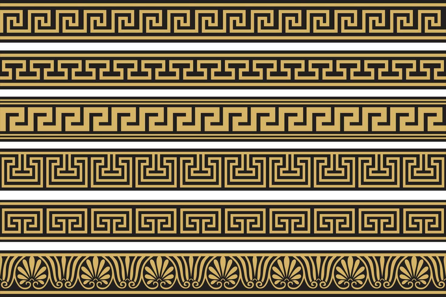 Set of vector seamless greek classic ornament. Pattern for a border and a frame. Ancient Greece and the Roman Empire. Endless golden with black meander