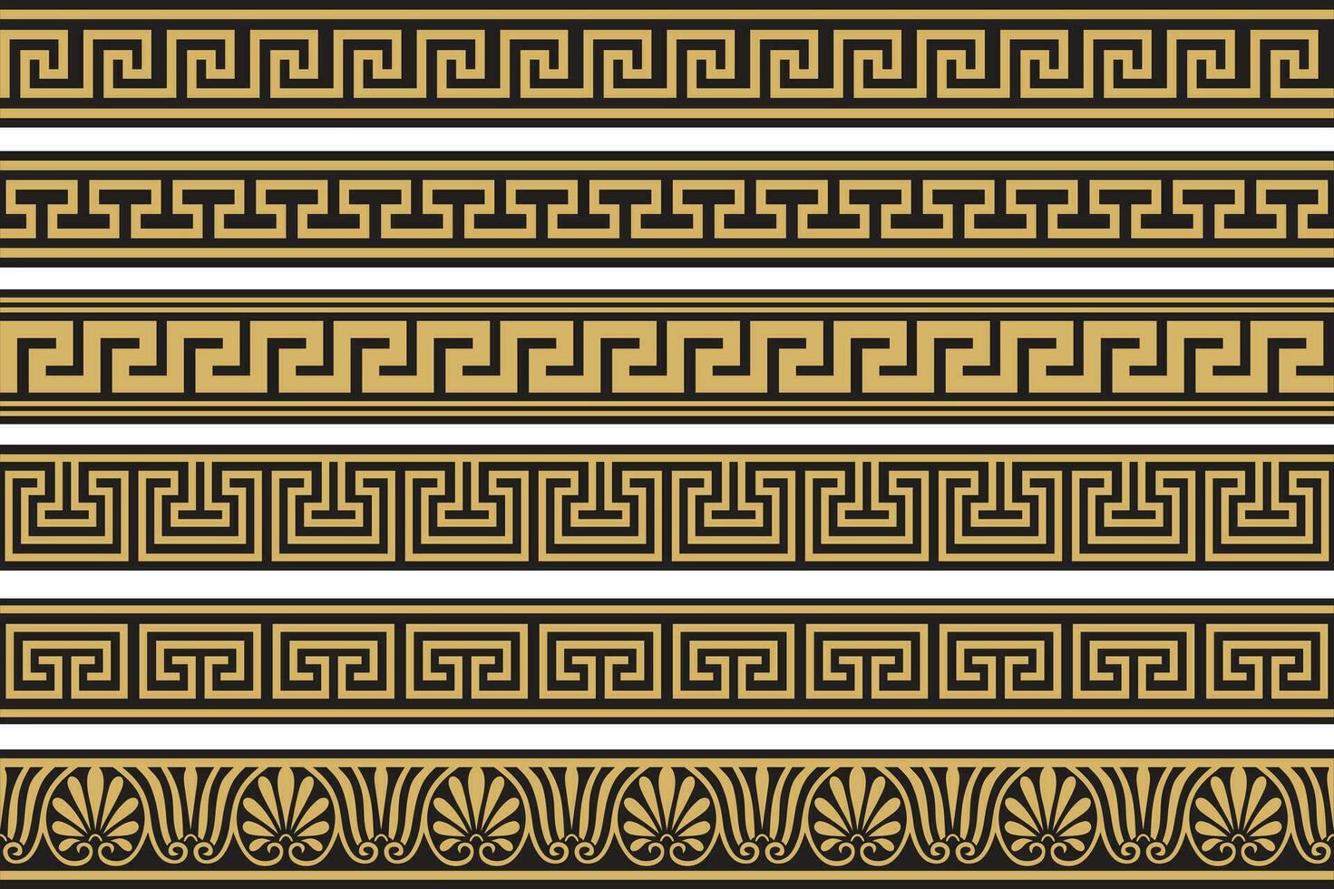 Set of vector seamless greek classic ornament. Pattern for a border and a frame. Ancient Greece and the Roman Empire. Endless golden with black meander