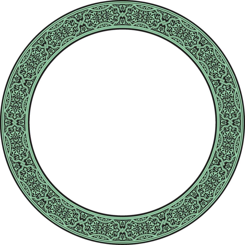 Vector green round oriental ornament. Arabic patterned circle of Iran, Iraq, Turkey, Syria. Persian frame, border