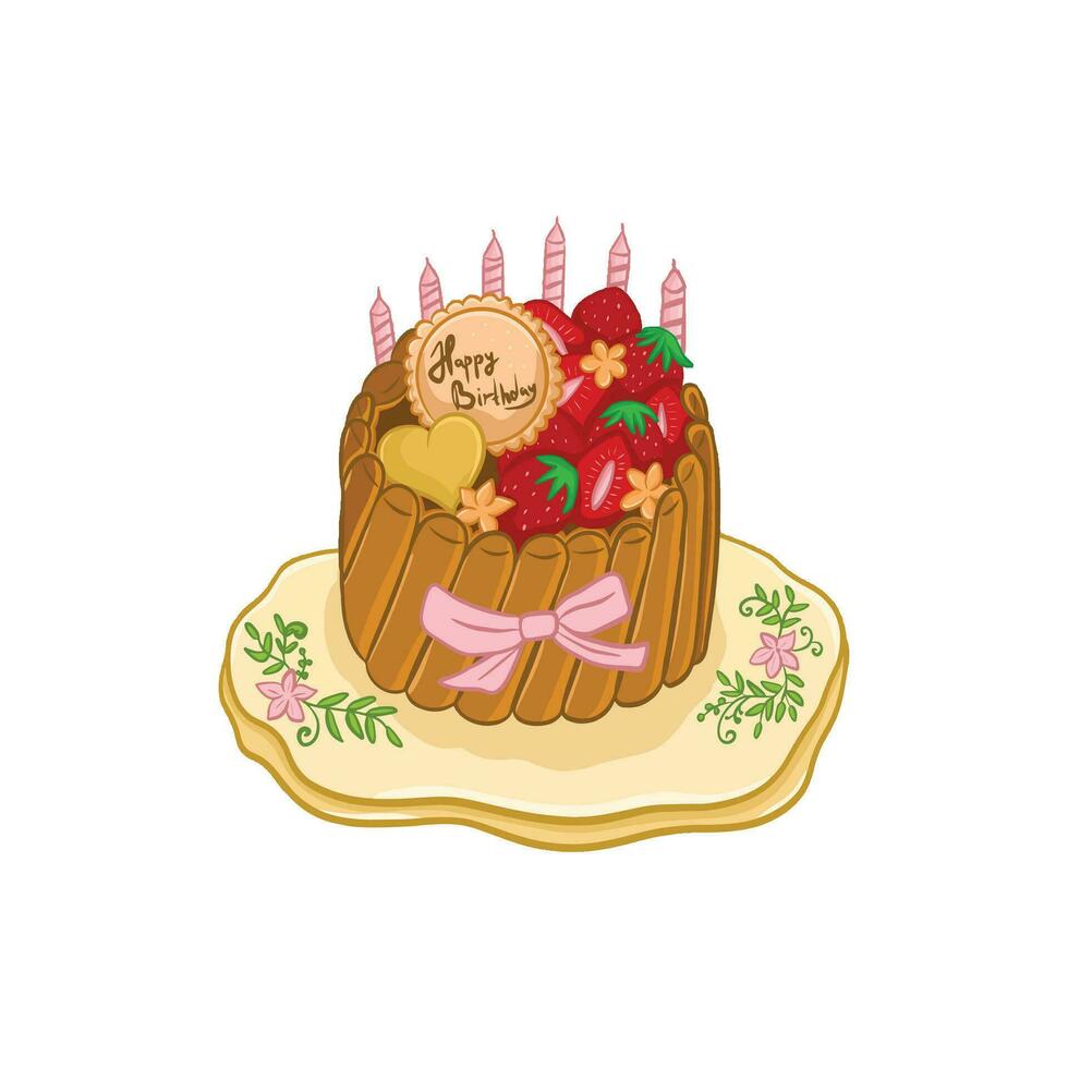 Birthday cake with strawberries and candles. Cute cartoon vector illustration.