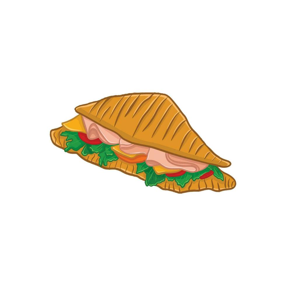 Sandwich with ham, cheese, tomato and lettuce. Vector illustration