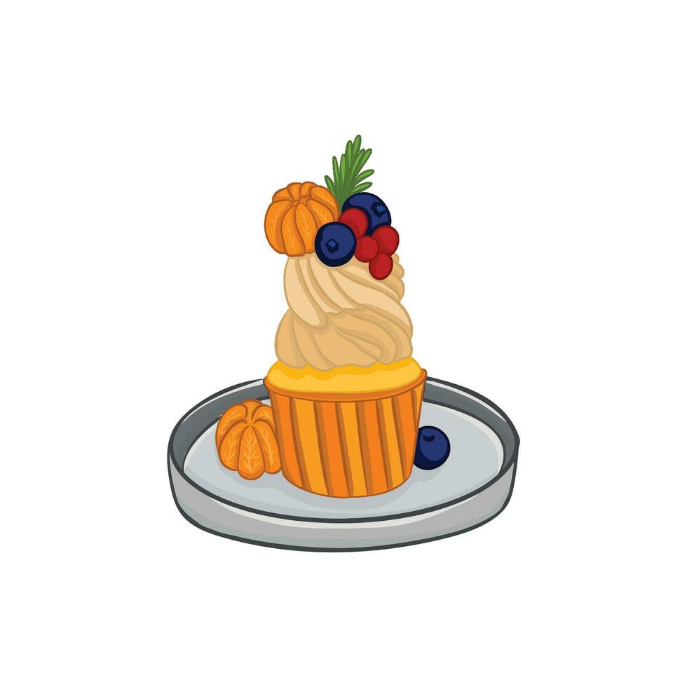 Cupcake with cream and berries on plate. Vector illustration