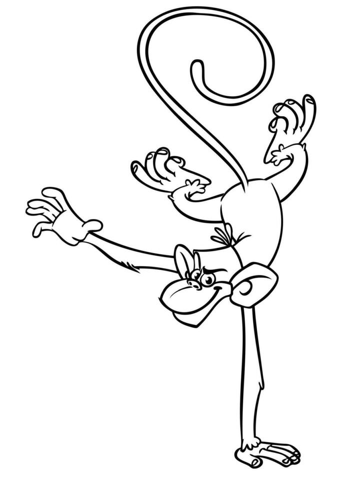 Cartoon funny monkey handstanding and doing circus trick. Vector illustration of happy monkey chimpanzee outlines for coloring pages book