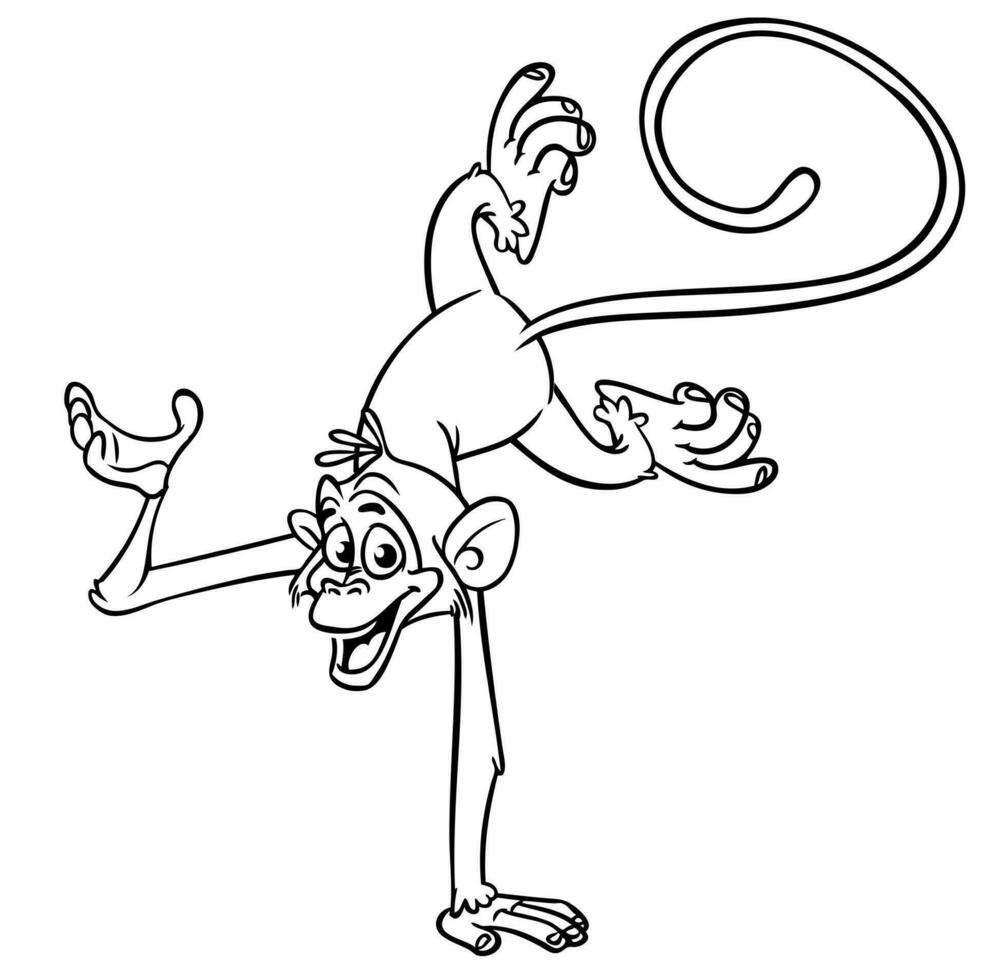 dibujos animados gracioso mono de pie y haciendo circo truco. vector ilustración de contento mono chimpancé contornos para colorante paginas libro