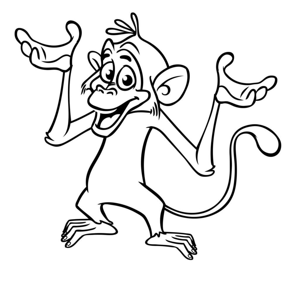 Cartoon funny monkey. Vector illustration of happy monkey chimpanzee outlines for coloring pages book