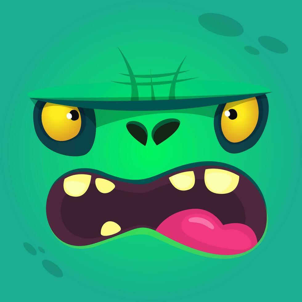Cartoon growling zombie face. Vector zombie monster square avatar