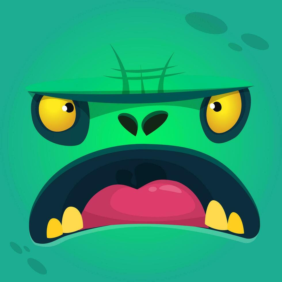 Cartoon growling zombie face. Vector zombie monster square avatar