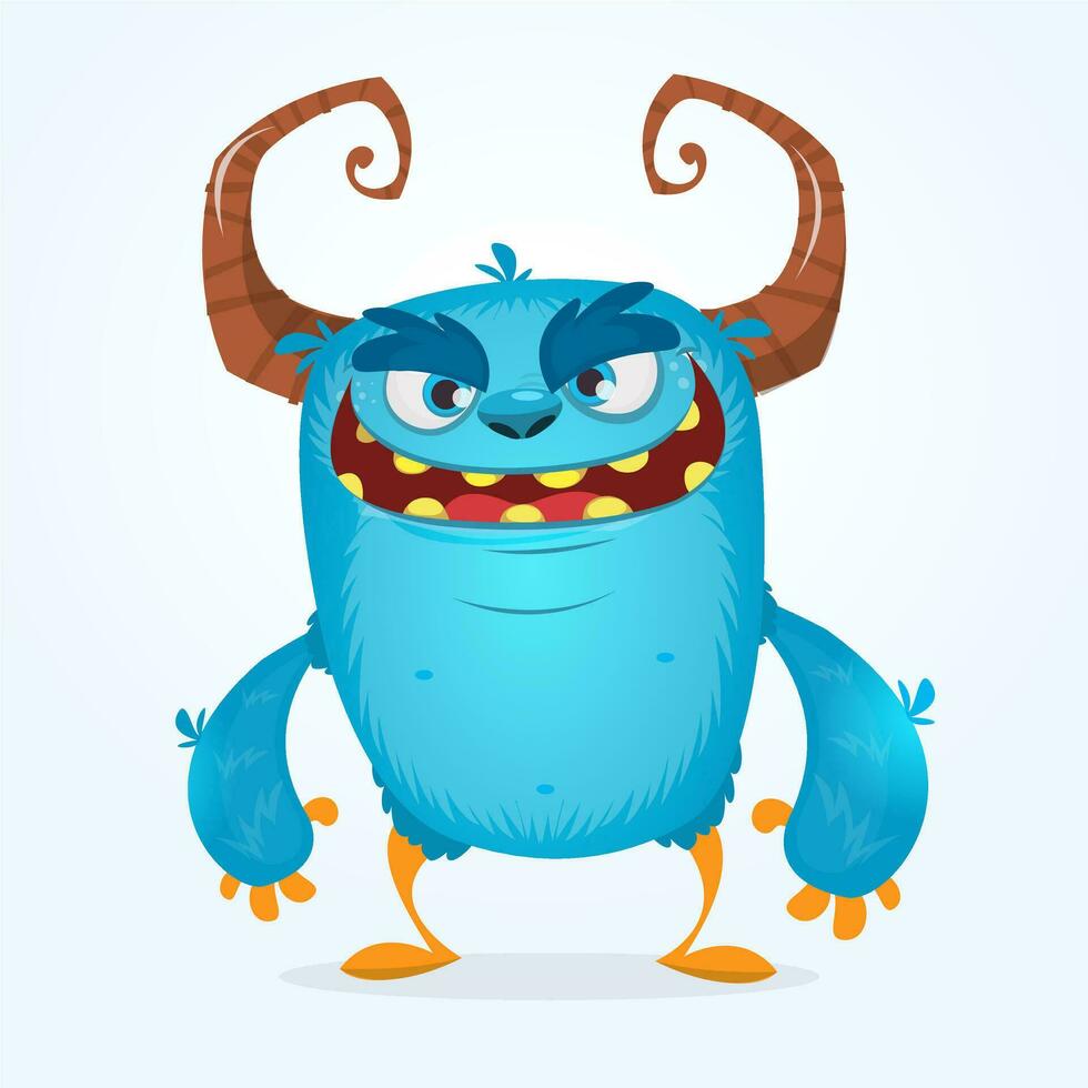 Cute furry blue monster. Vector bigfoot or troll character mascot. Design for children book, holiday decoration, stickers or print