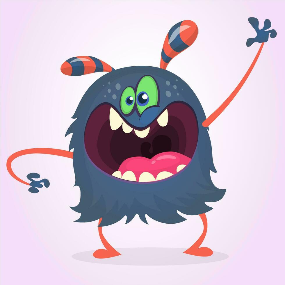 Angry cartoon black monster screaming and waving hand. Yelling angry monster expression. Halloween character. Vector illustrations.