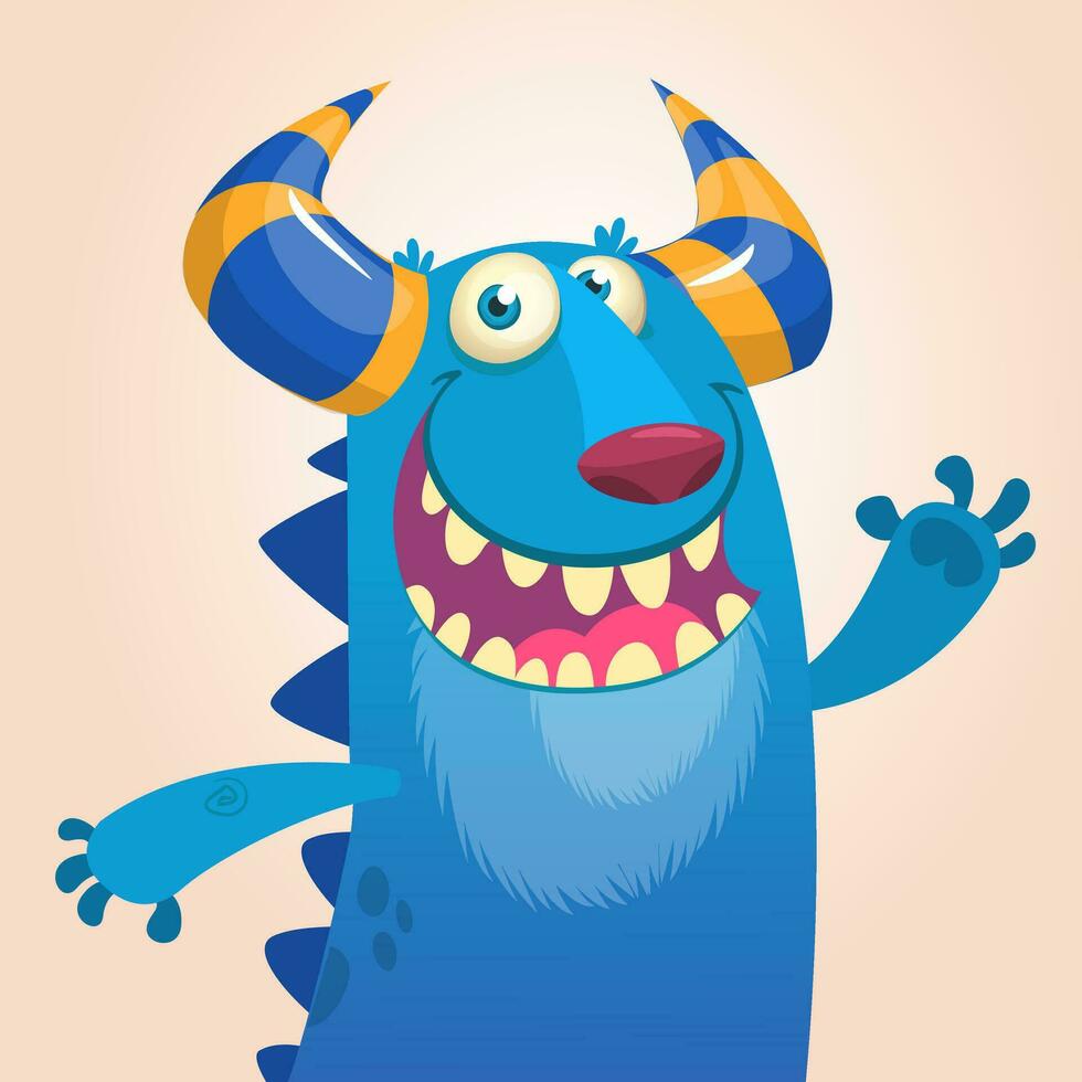 Cartoon portrait of smiling blue monster dragon. Vector illustration of blue horned monster isolated waving. Halloween design