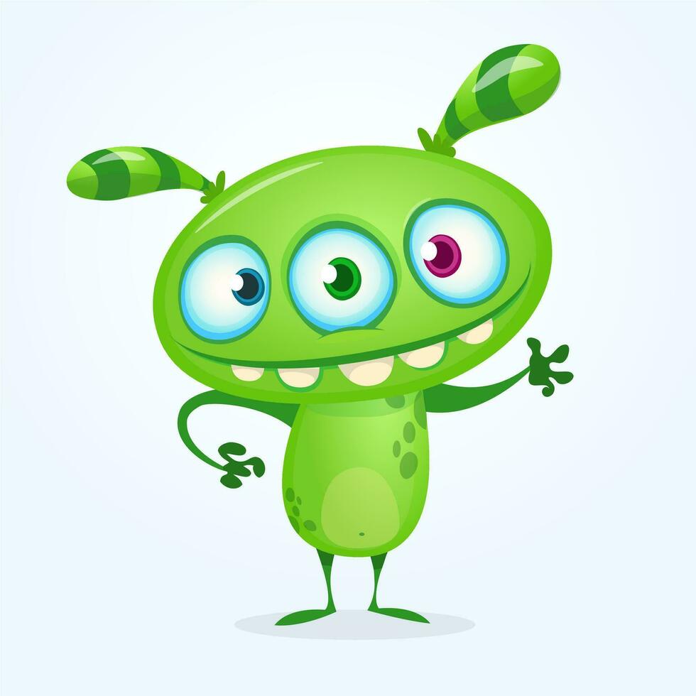 Green funny happy cartoon monster. Green vector alien character. Halloween design