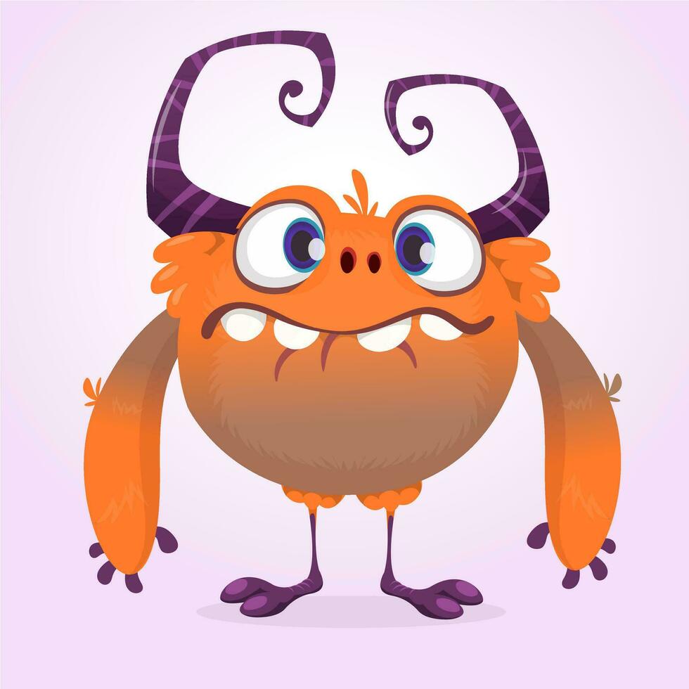 Cute cartoon monster. Vector furry orange monster character with tiny legs and big horns. Halloween design