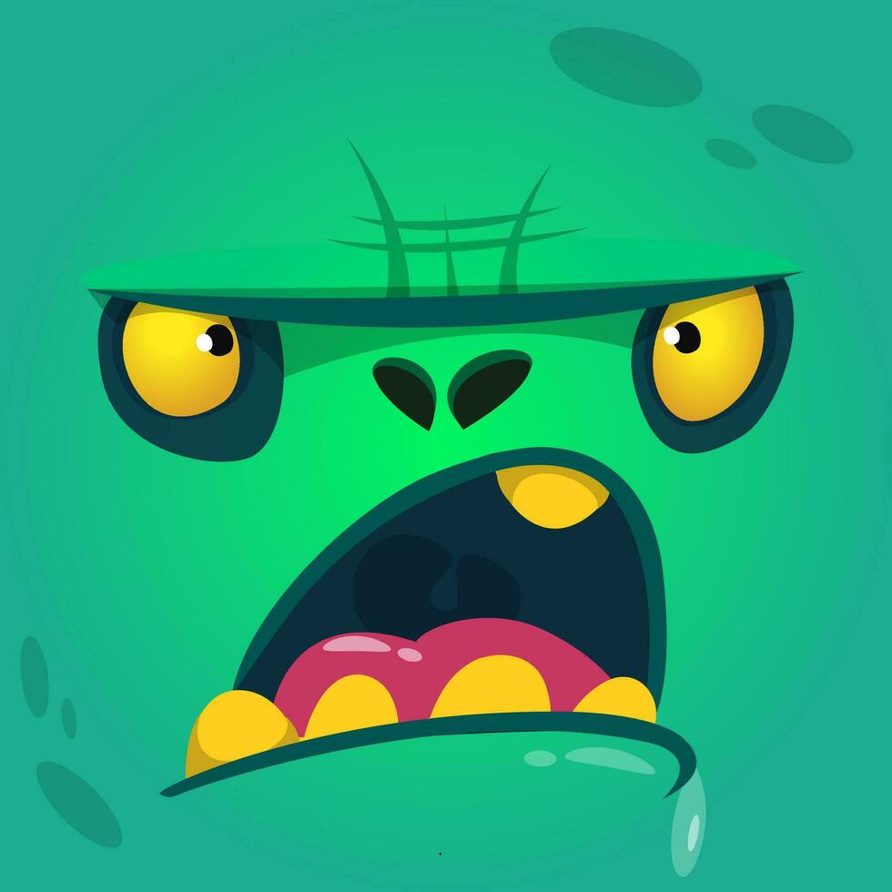 Cartoon growling zombie face. Vector zombie monster square avatar