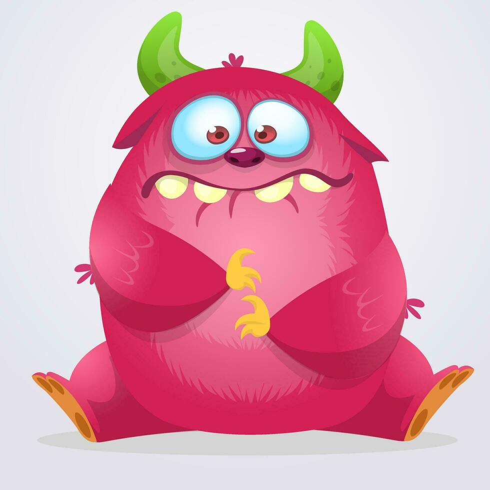 Happy cartoon monster. Halloween pink furry monster vector
