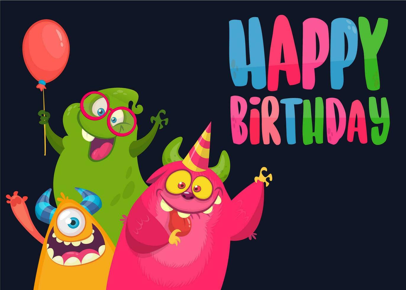 Cartoon monsters birthday illustration. Vector design for birthday party, invitation, party poster