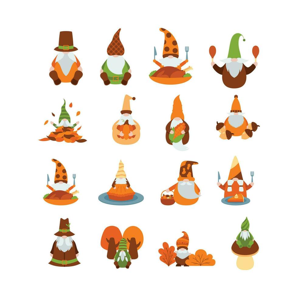 acción de gracias gnomos ilustración. linda dibujos animados otoño gnomos aislado en blanco antecedentes. vector