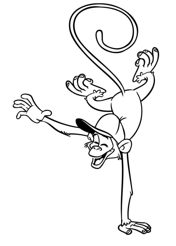 Cartoon funny monkey handstanding and doing circus trick. Vector illustration of happy monkey chimpanzee outlines for coloring pages book