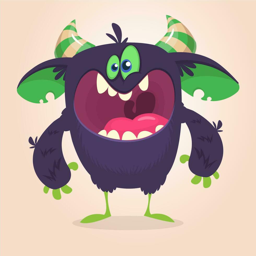 Angry cartoon black monster screaming. Yelling angry monster expression vector