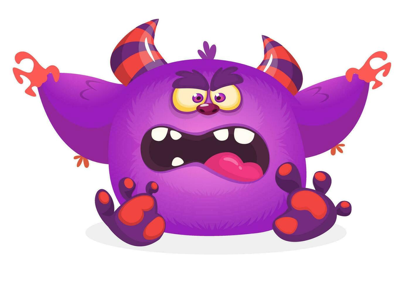 Cute blue monster cartoon with funny expression. Halloween vector illustration of fat furry troll or gremlin monster isolated