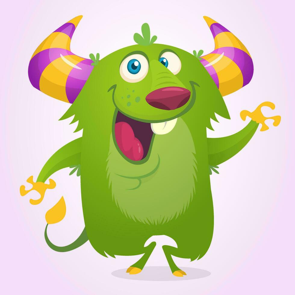 Cute cartoon violet horned and fluffy monster smiling. Vector illustration