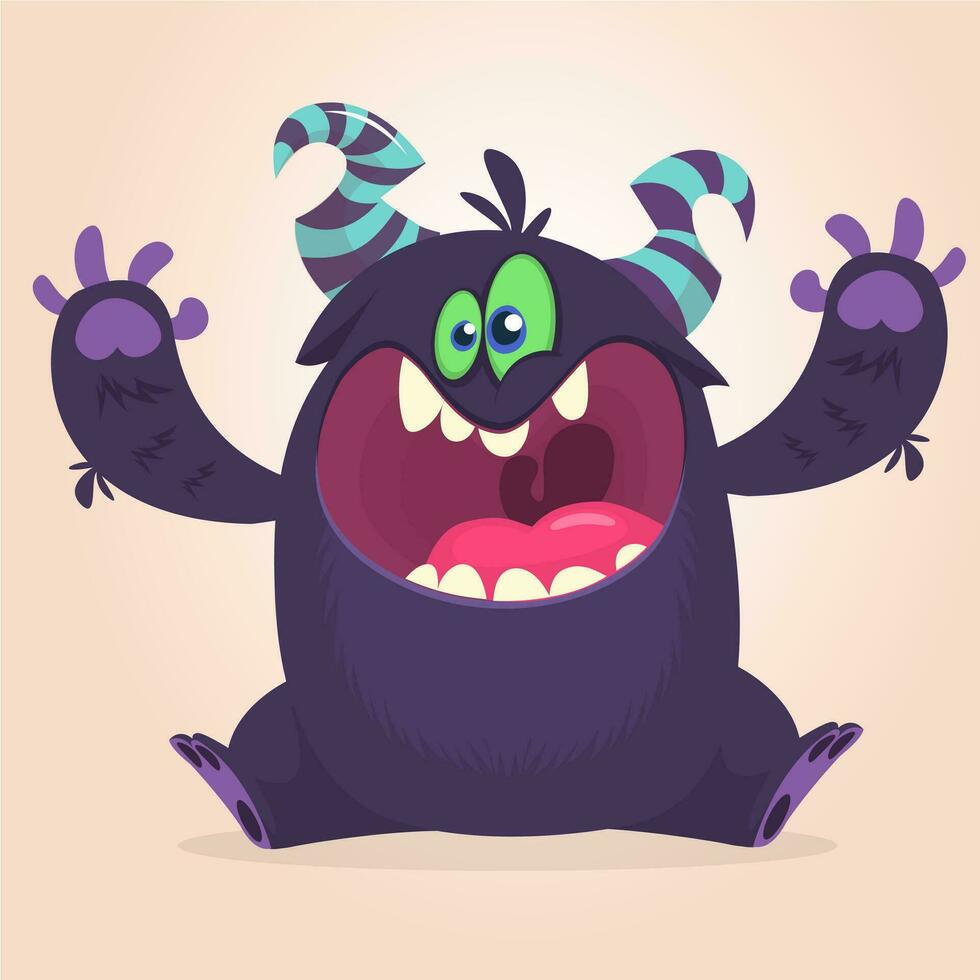 Angry cartoon black monster screaming. Yelling angry monster expression vector