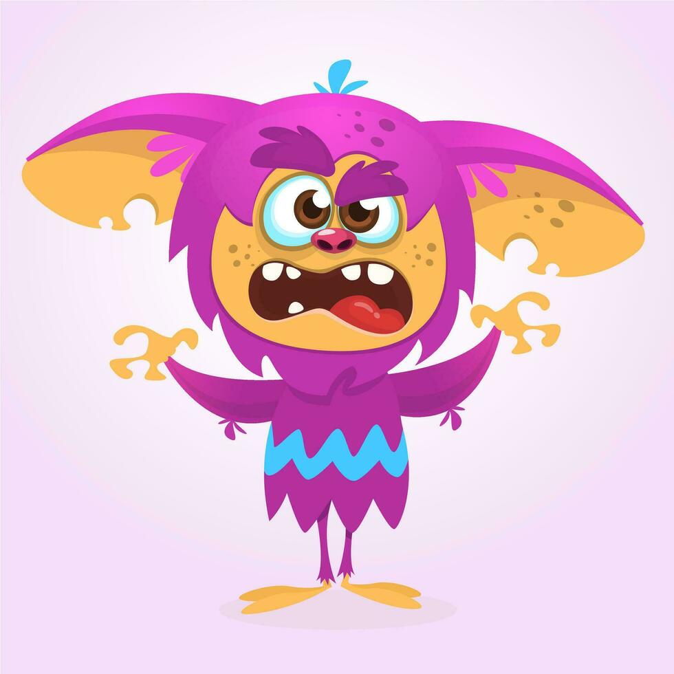 Angry cartoon monster. Halloween vector illustration of violet monster face