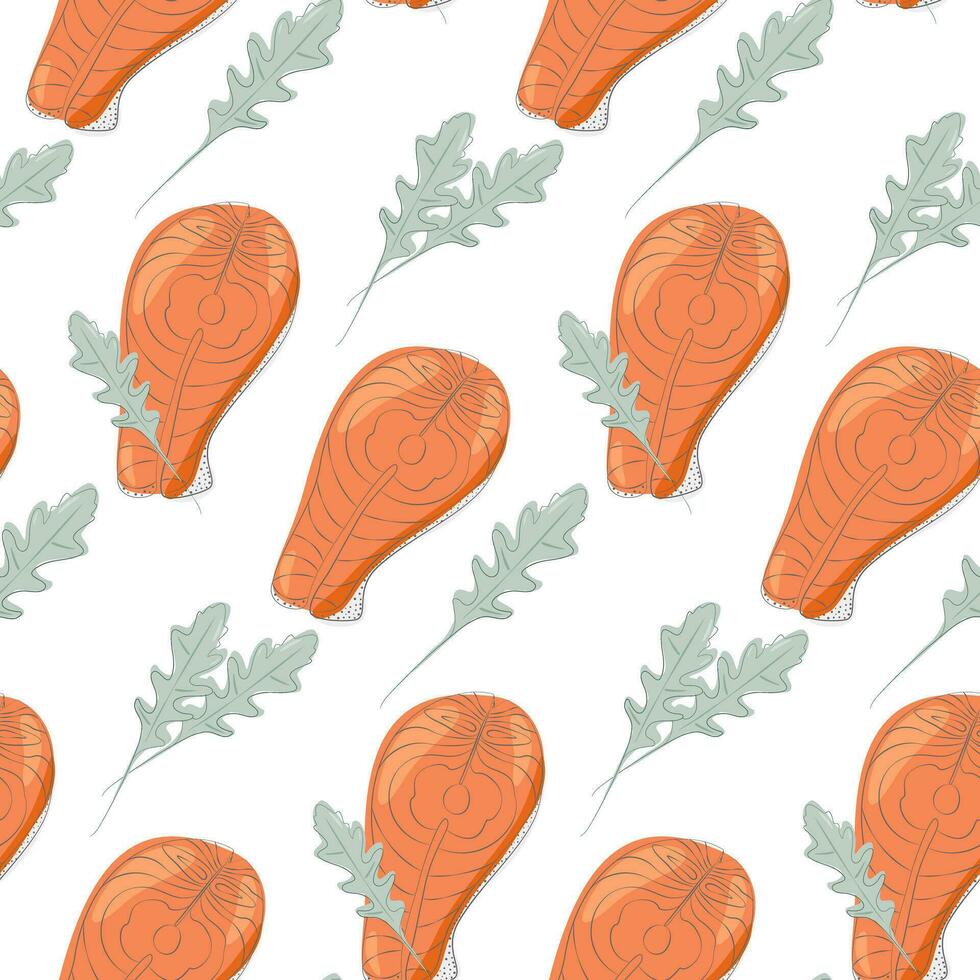 Seamless pattern of abstract image of salmon steak with sprigs of arugula. Healthy food Day. Seafood vector