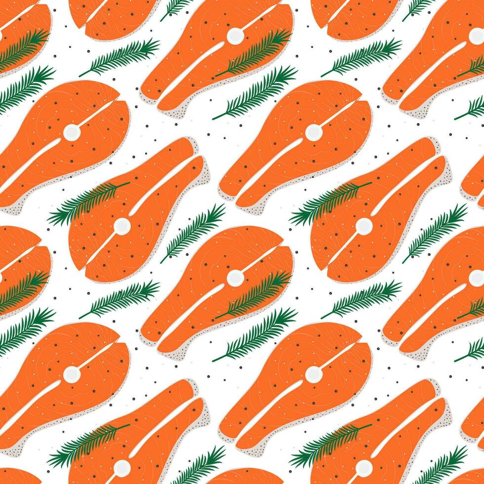 Seamless pattern of abstract image of salmon steak with rosemary sprig and spices. Healthy food Day. vector