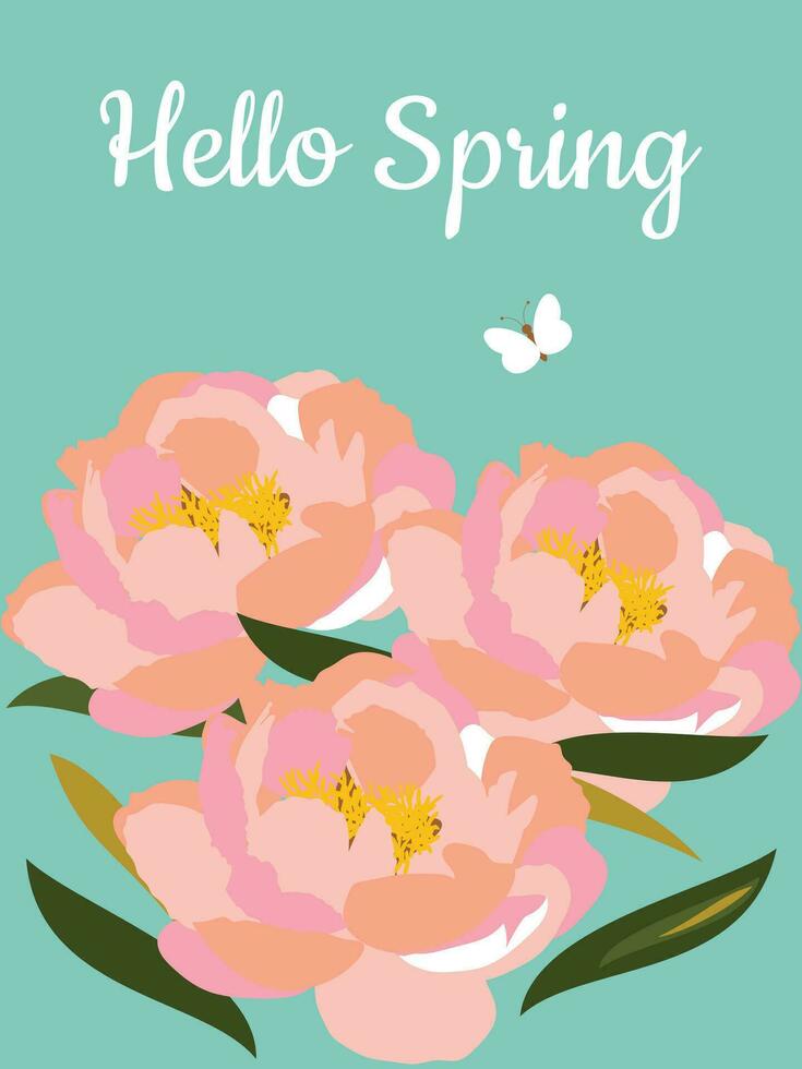 Hello Spring. Bouquet of spring flowers of delicate pink peonies on a light blue vertical background. Festive March postcard. Vector. vector