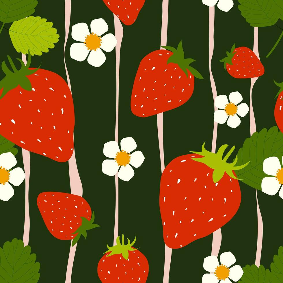 rojo fresas con verde hojas y blanco flores en un oscuro verde antecedentes crear un linda verano sin costura modelo. vector. vector