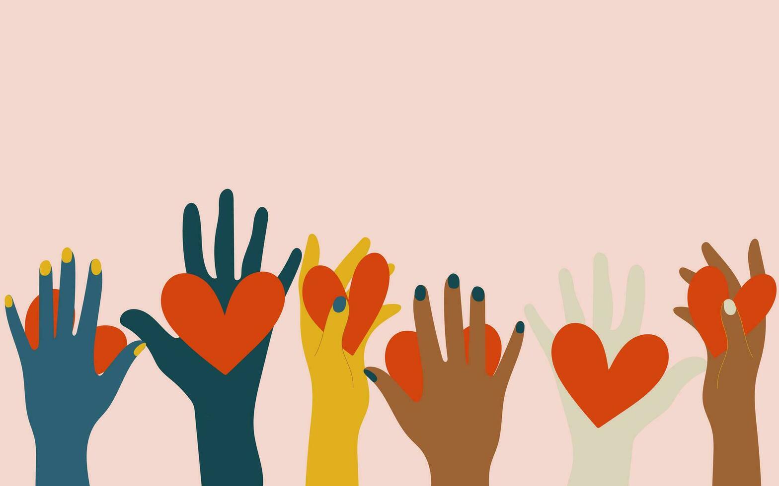 Volunteers, social workers, ordinary people hold hearts in their palms. Unity, cohesion of a multinational society. Charity, voting, donations, social assistance. Vector. vector