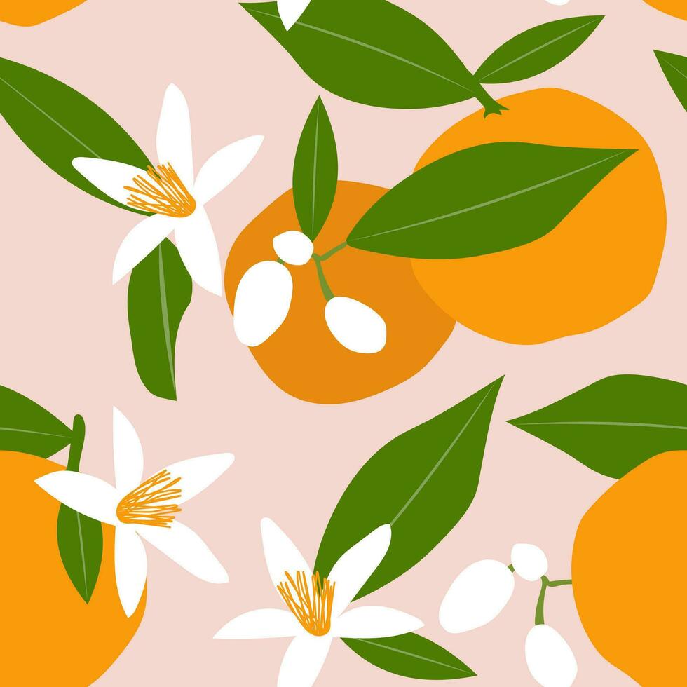 Blossoming of oranges. Citrus tropical fruits on a pink background with green leaves create a cute seamless pattern for printing on fabrics. Vector. vector