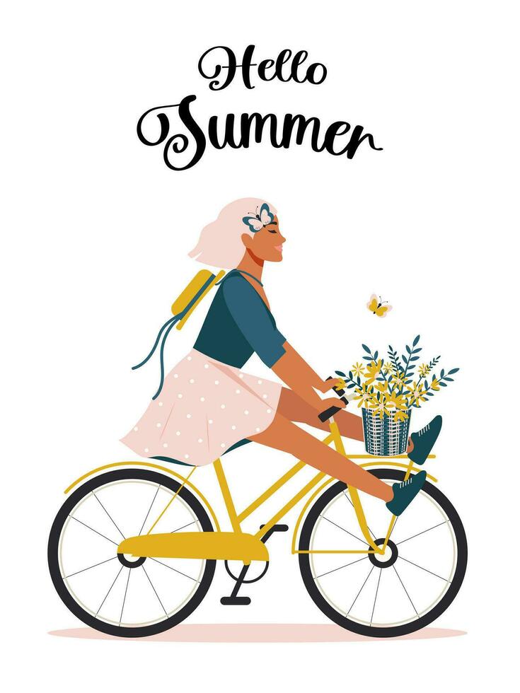 Hello summer. A happy woman rides a bike and enjoys the beginning of summer, improving her physical and mental health with a bouquet of daisies. Positive print on a white background. Vector. vector