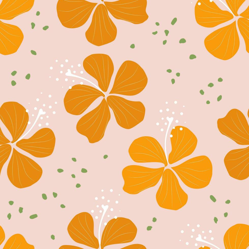 Floral seamless pattern. Decorative hand drawn tropical hibiscus flowers. Cute yellow hibiscus flower on pink background for print, textile, fabric. Vector. vector