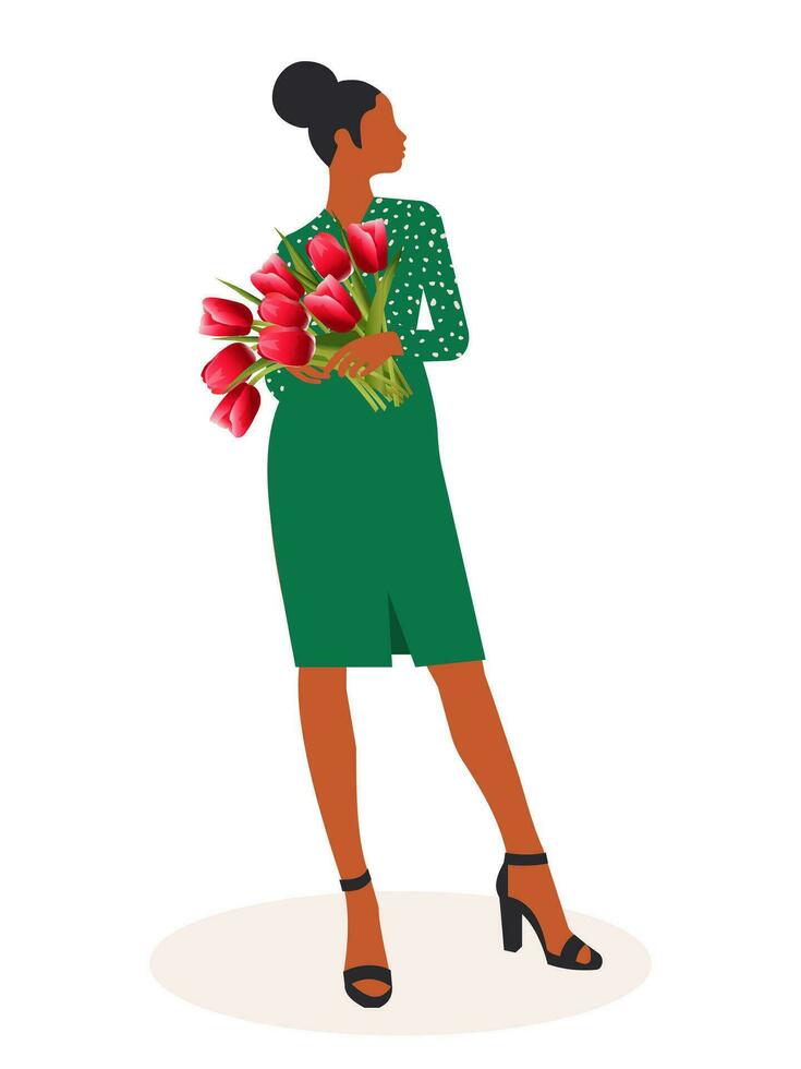 Stylish African American business woman in a green skirt and blouse holds a bouquet of red tulips in her hands. Template for festive spring cards on a white background. Vector. vector