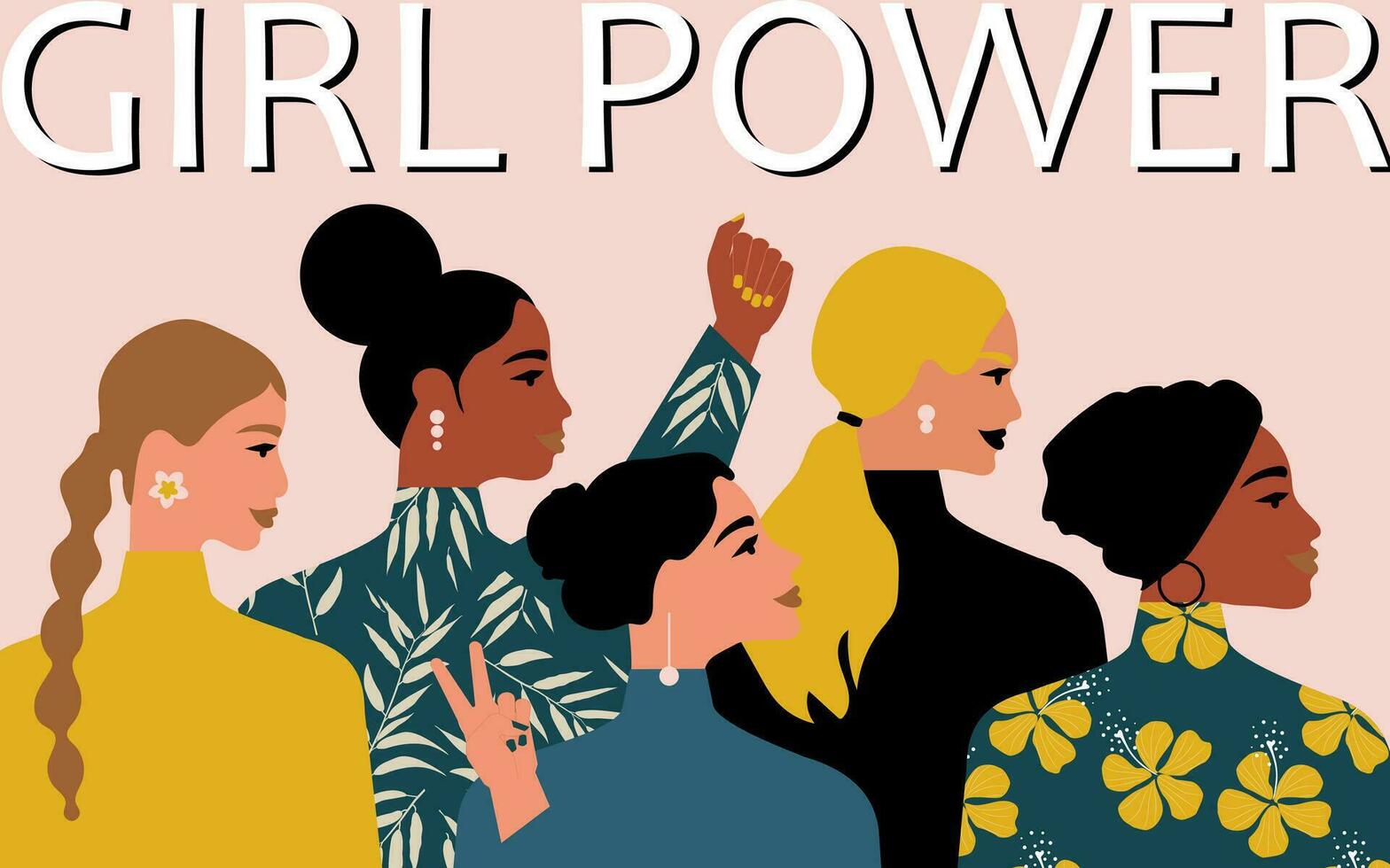 Girl power. Women of different ages, nationalities and religions come together. Pink horizontal poster with strong women. Vector. vector