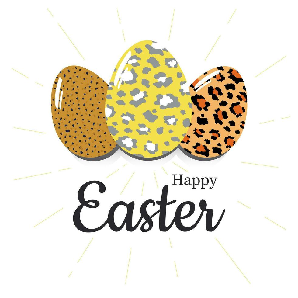contento Pascua de Resurrección. elegante de moda tarjeta postal con linda pintado huevos en un depredador leopardo diseño en un blanco antecedentes. vector. vector
