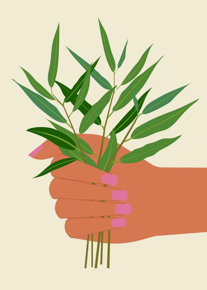 Willow branches with green leaves form a bouquet that a person holds in his hand. The Christian holiday of Palm Sunday preceding Easter. Vector. vector