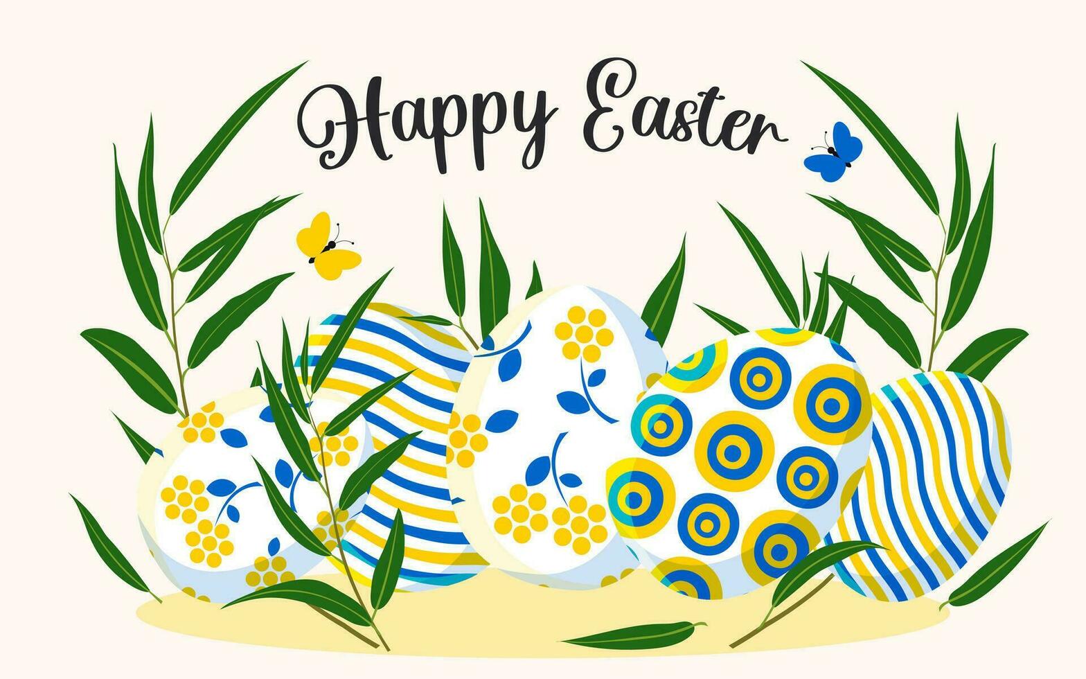 Happy Easter. Stylish trendy postcard with cute colored eggs in blue and yellow colors in a modern design with willow branches and flying butterflies. Vector. vector