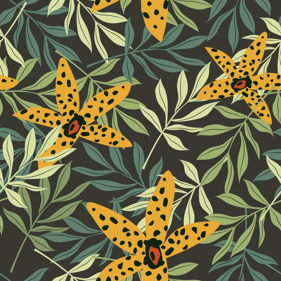 Tropical spotted modern art flowers abstract and artistic branches with leaves on a dark gray background. Seamless pattern. Vector. vector