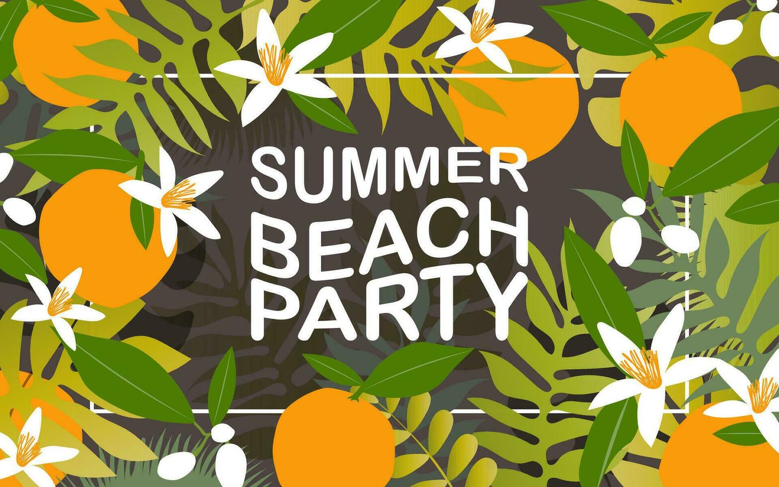 Summer beach party banner with tropical leaves and juicy oranges with flowers. Vector. vector