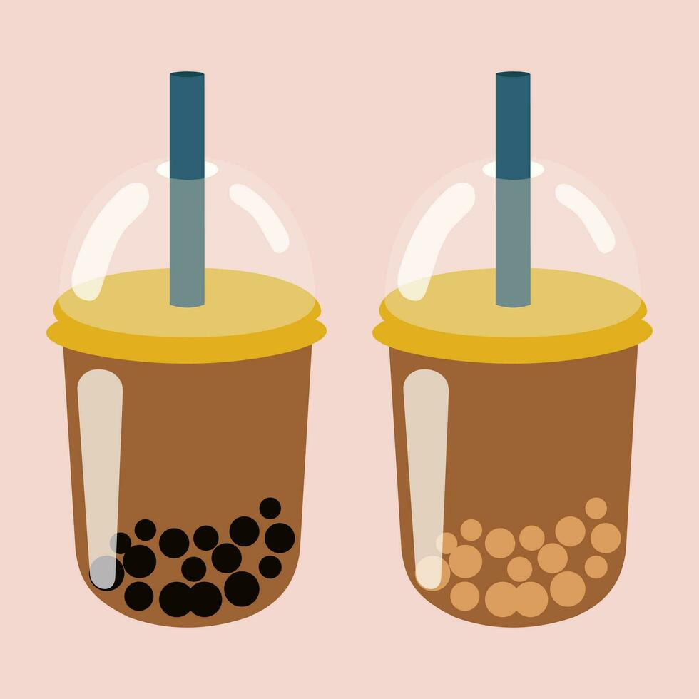 Bubble tea. Tea with pearls black and white. Taiwan famous and popular drink. Two glasses with straws on a pink background. Vector. vector