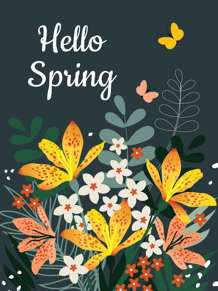 Hello Spring. Bouquet of spring flowers with butterflies on a dark blue vertical background. Festive March postcard. Vector. vector