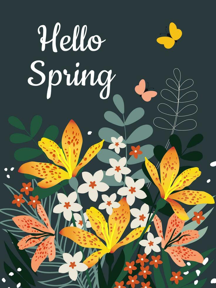 Hola primavera. ramo de flores de primavera flores con mariposas en un oscuro azul vertical antecedentes. festivo marzo tarjeta postal. vector. vector