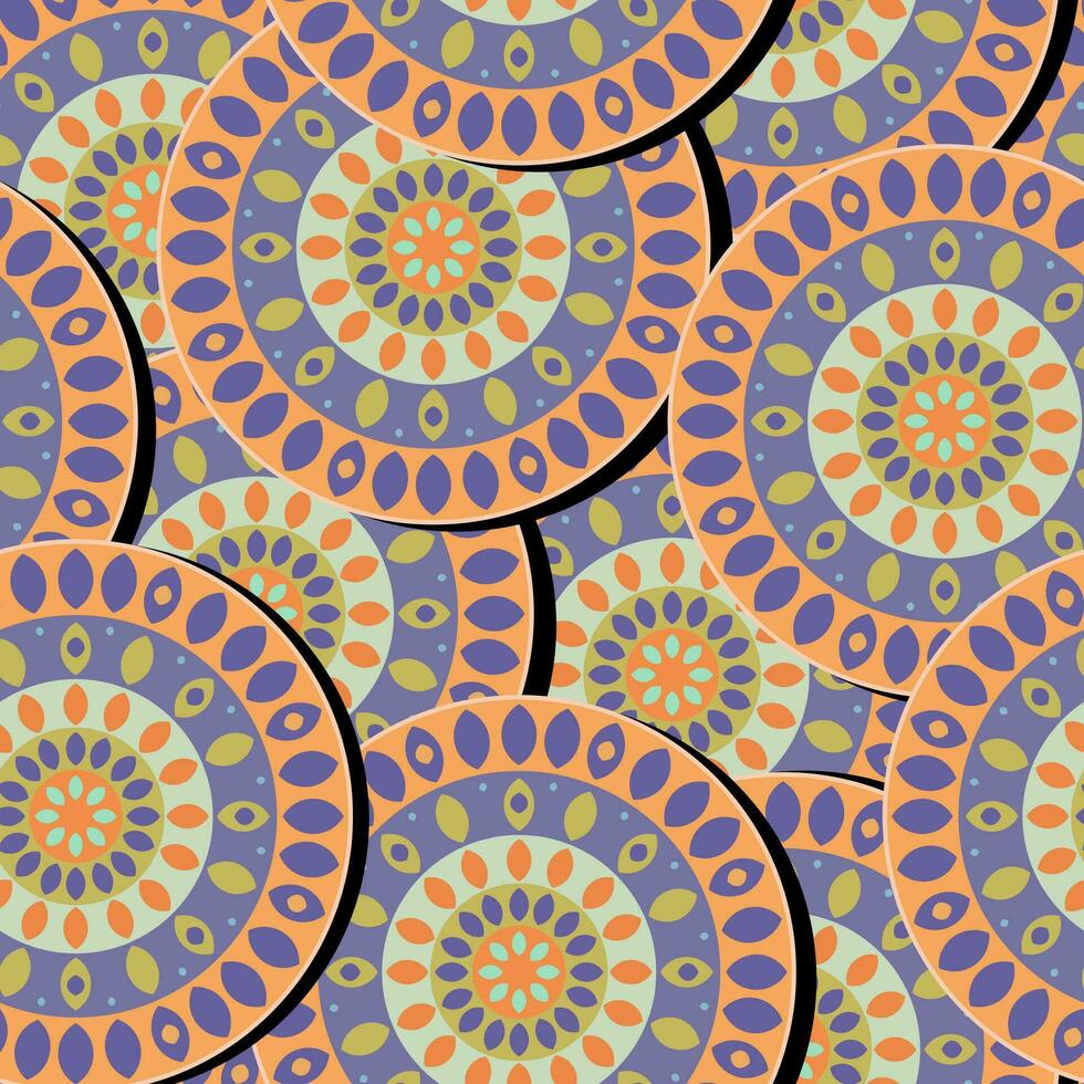 Abstract colorful patterned circles with a symmetrical ornament for printing on textiles create a trendy seamless pattern. Vector. vector